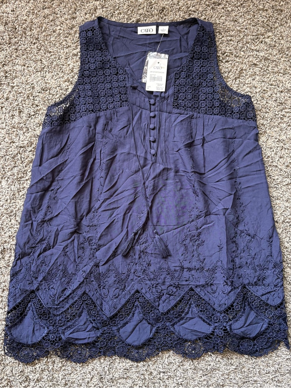 Cato Navy Sleeveless Lace & Embroidered Camisole